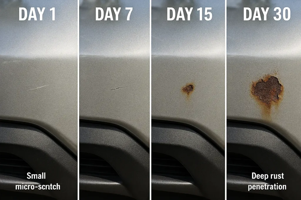 How to Fix Car Bumper Scratches Like a Pro: Your 2024 Guide to Touch-Up Paint Kits That Actually Work 1 Time-lapse infographic showing car bumper scratch progression from day 1 micro-scratch to day 30 rust penetration