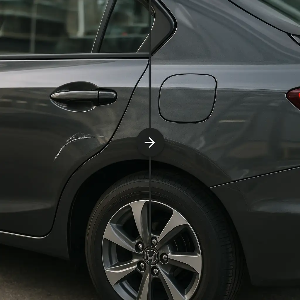 Before and after repair of a scratch on a Honda Civic using dark gray touch up paint