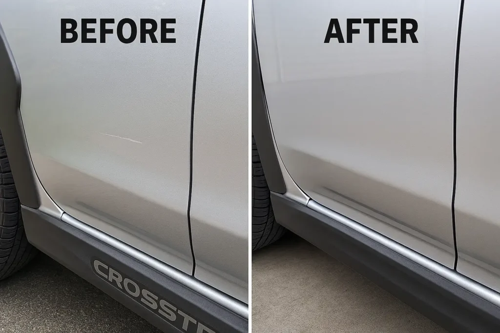 Before and after comparison of Subaru touch up paint kit repair on a Crosstrek