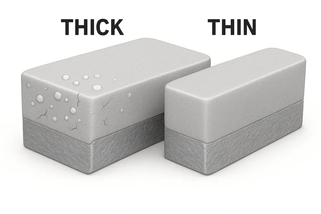 Cross-section of thick vs. thin paint layers showing differences in drying using a touch up paint kit