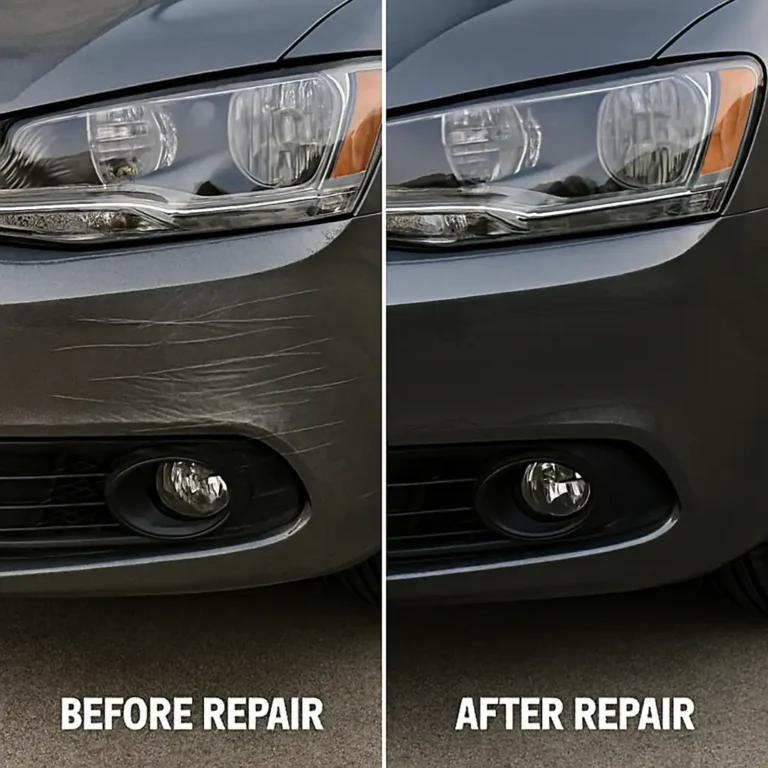 Before and after comparison of car scratch repair by real user from the same angle showing touch up paint results
