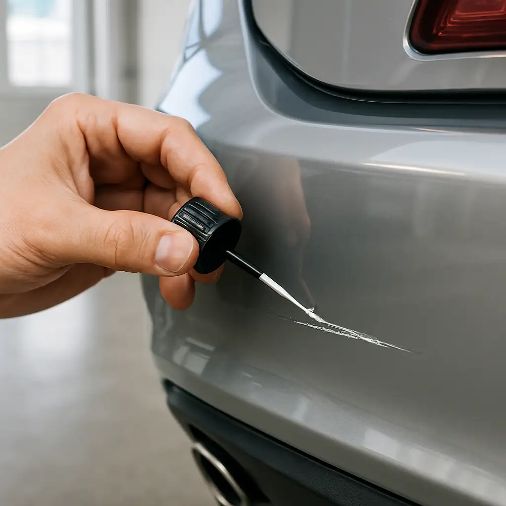 How to Fix Car Bumper Scratches Like a Pro: Your 2024 Guide to Touch-Up Paint Kits That Actually Work 3 Thin coat touch up paint application technique using a black cap brush on a car bumper