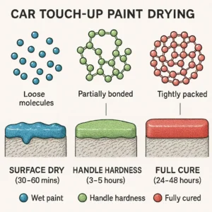 Side-by-side comparison of XtryFun touch up paint kit drying on a Toyota Corolla and a BMW 3 Series