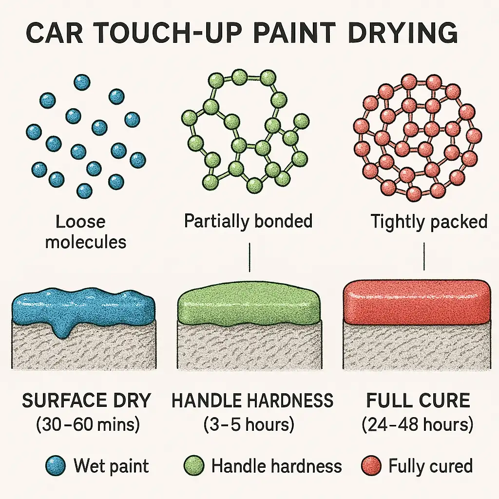 Side-by-side comparison of XtryFun touch up paint kit drying on a Toyota Corolla and a BMW 3 Series