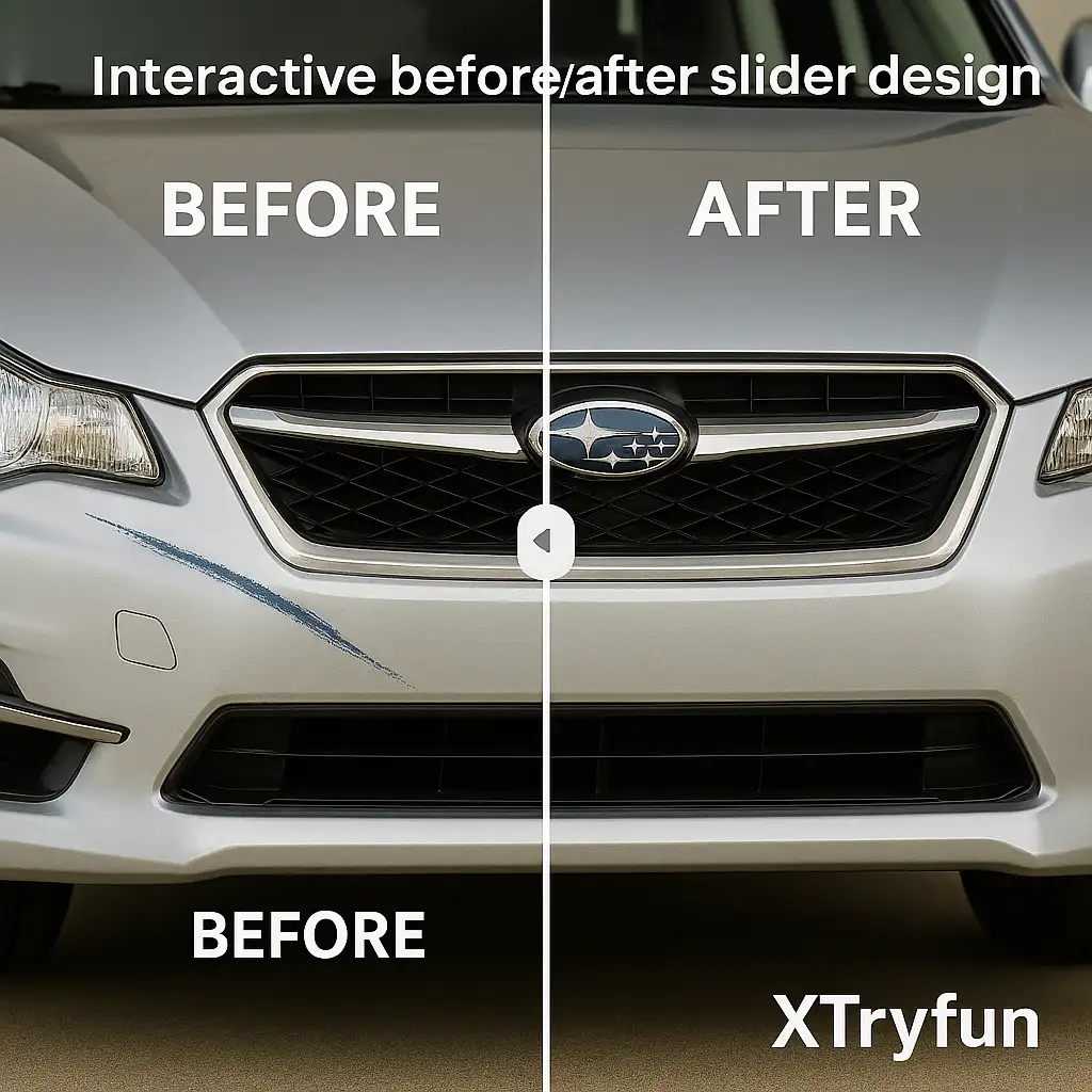 Before and after image of a blue Subaru scratch repaired with metallic touch up paint