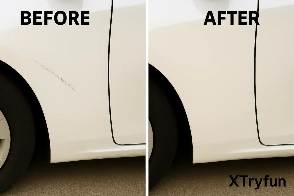 Before and after image of a white Toyota door scratch repaired with xtryfun touch up paint kit