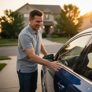 Car owner smiling after car scratch repair
