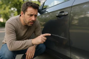 Car owner inspecting a scratch on his vehicle
