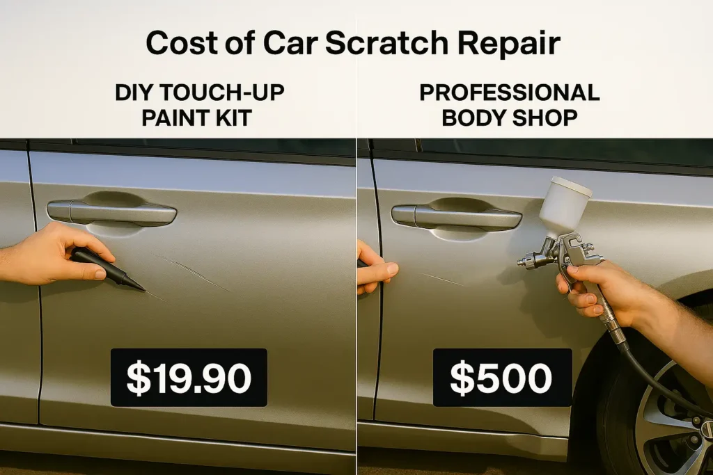 DIY vs body shop car scratch repair cost comparison infographic showing a Honda car scratch before and after repair.