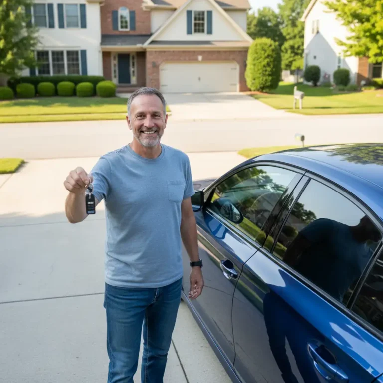 Happy car owner smiling beside a freshly repaired vehicle showing satisfaction and pride.
