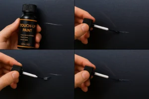Honda touch-up paint kit being applied to a small car scratch, step-by-step close-up, DIY repair