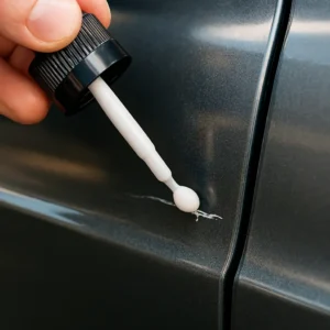 Honda touch-up paint pen applying paint to a small car scratch on a door, close-up, DIY repair kit in use