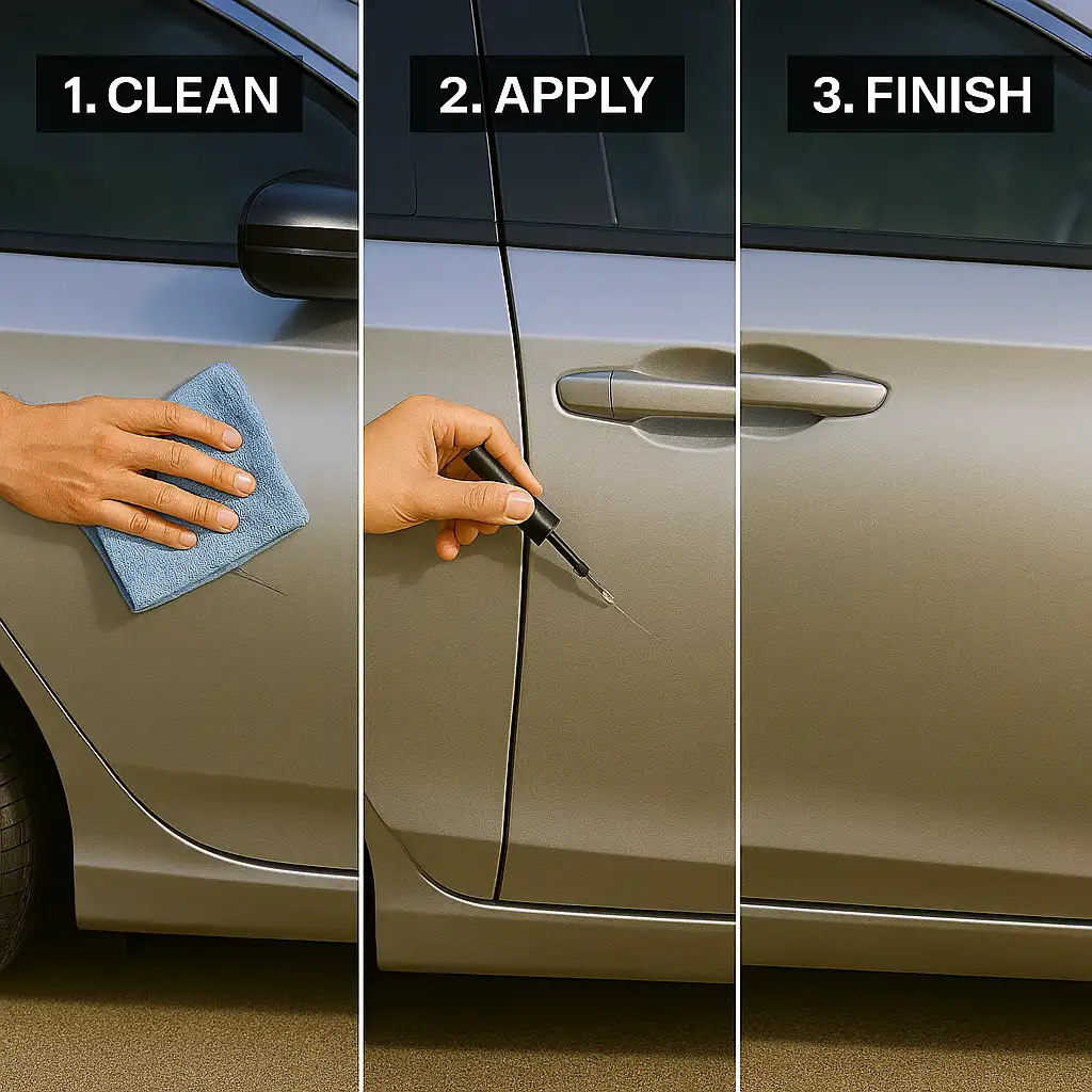 Step-by-step illustration showing how to use a Honda touch-up paint pen to repair car scratches.