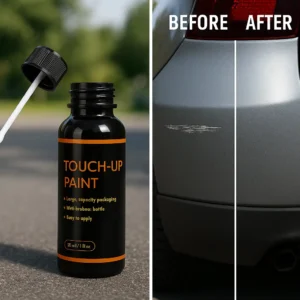 Touch up paint kit overview image showing multiple car scratch repairs, brush, and pen tools arranged neatly on a car surface.