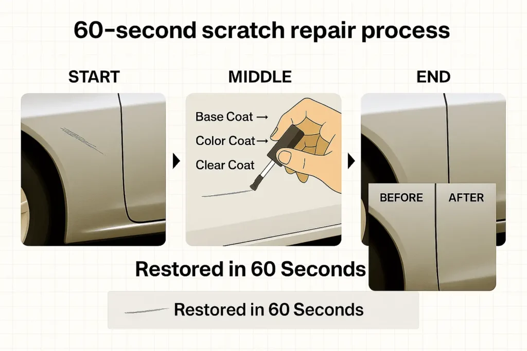Car scratch repair process infographic showing step-by-step paint touch up kit application