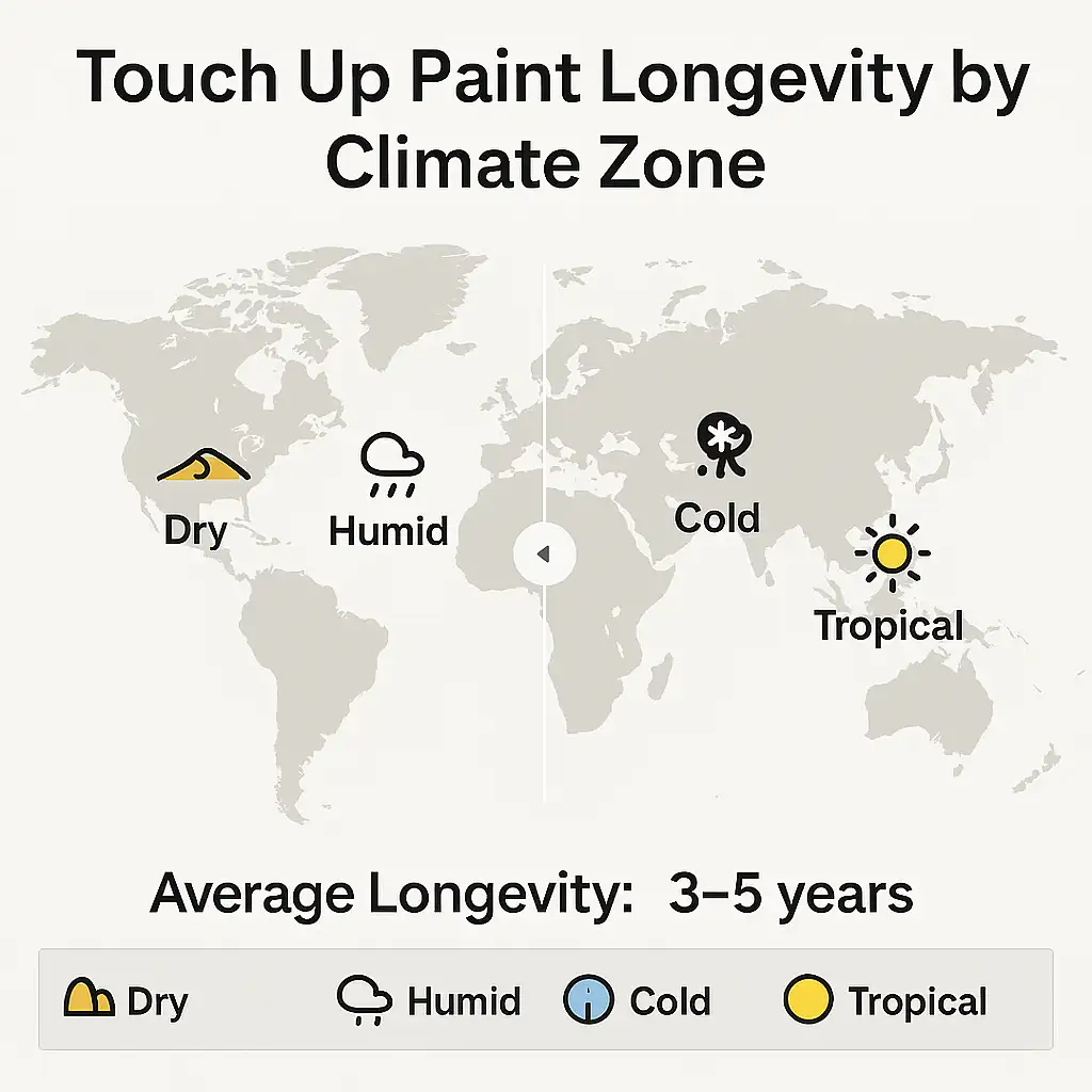 Infographic showing touch up paint longevity across different climate zones
