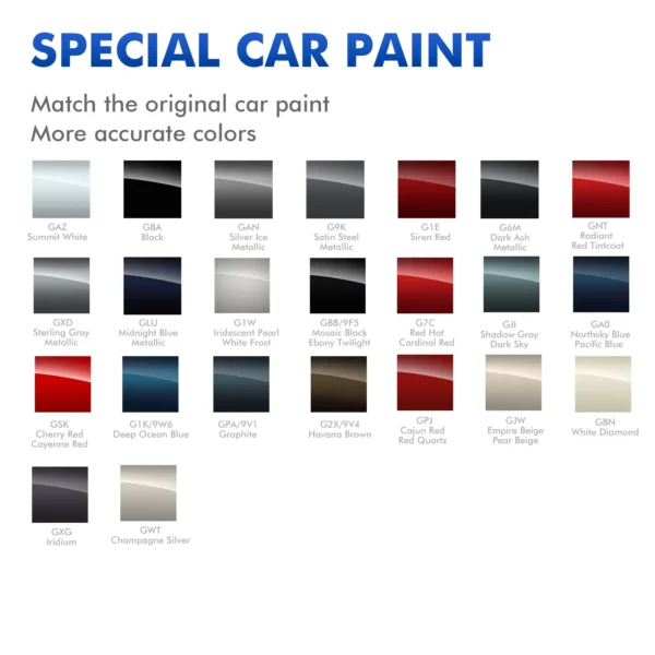 Cadillac touch up paint color chart showing all OEM paint options for scratch repair
