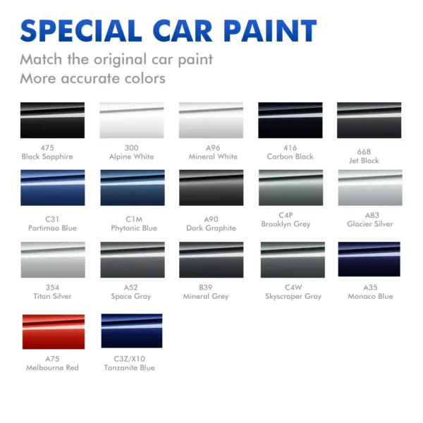 BMW touch up paint kit color card display showing complete range of car colors